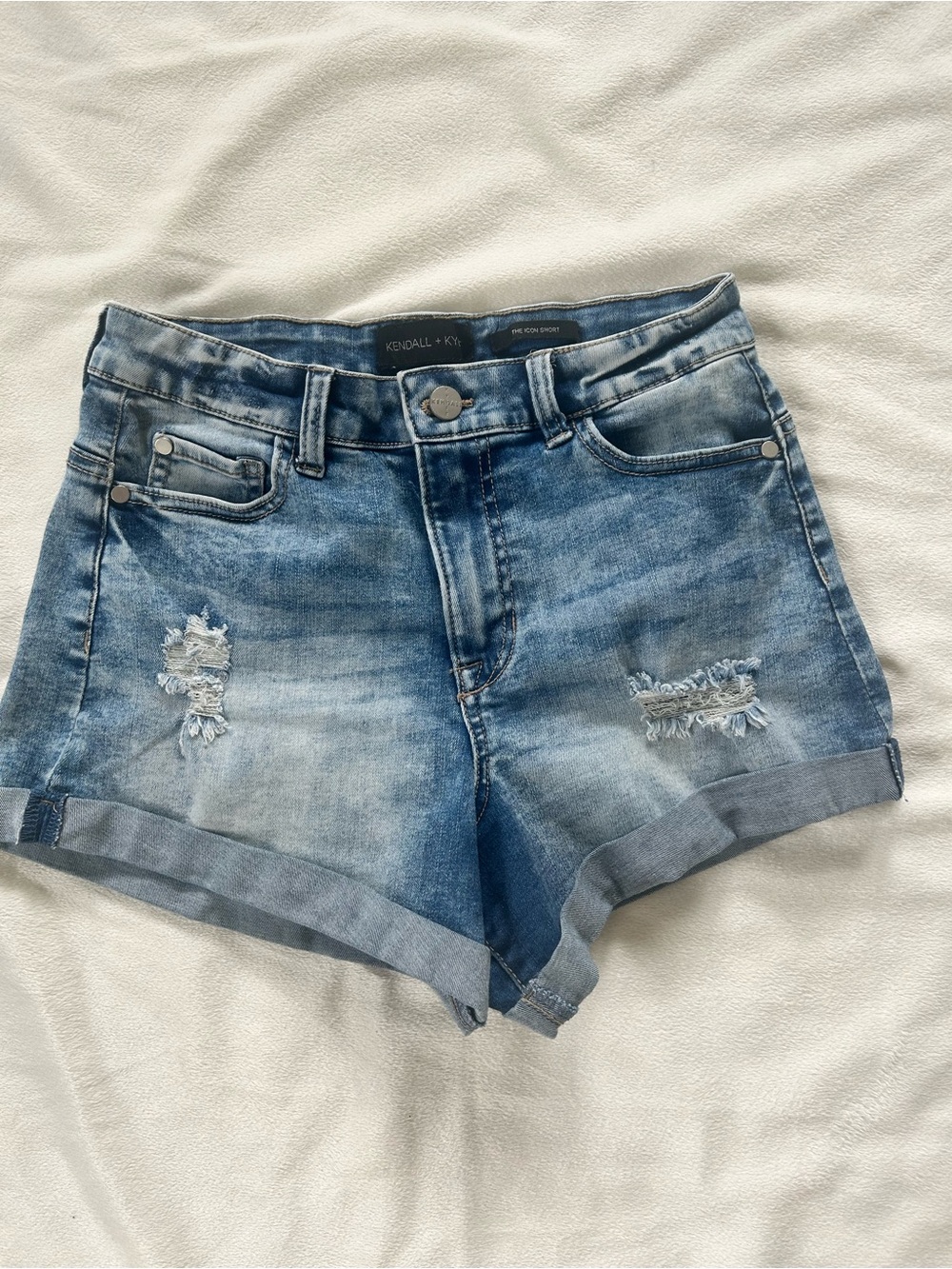 Kendall & Kylie Washed Blue Distressed Rolled-Hem Jean Shorts